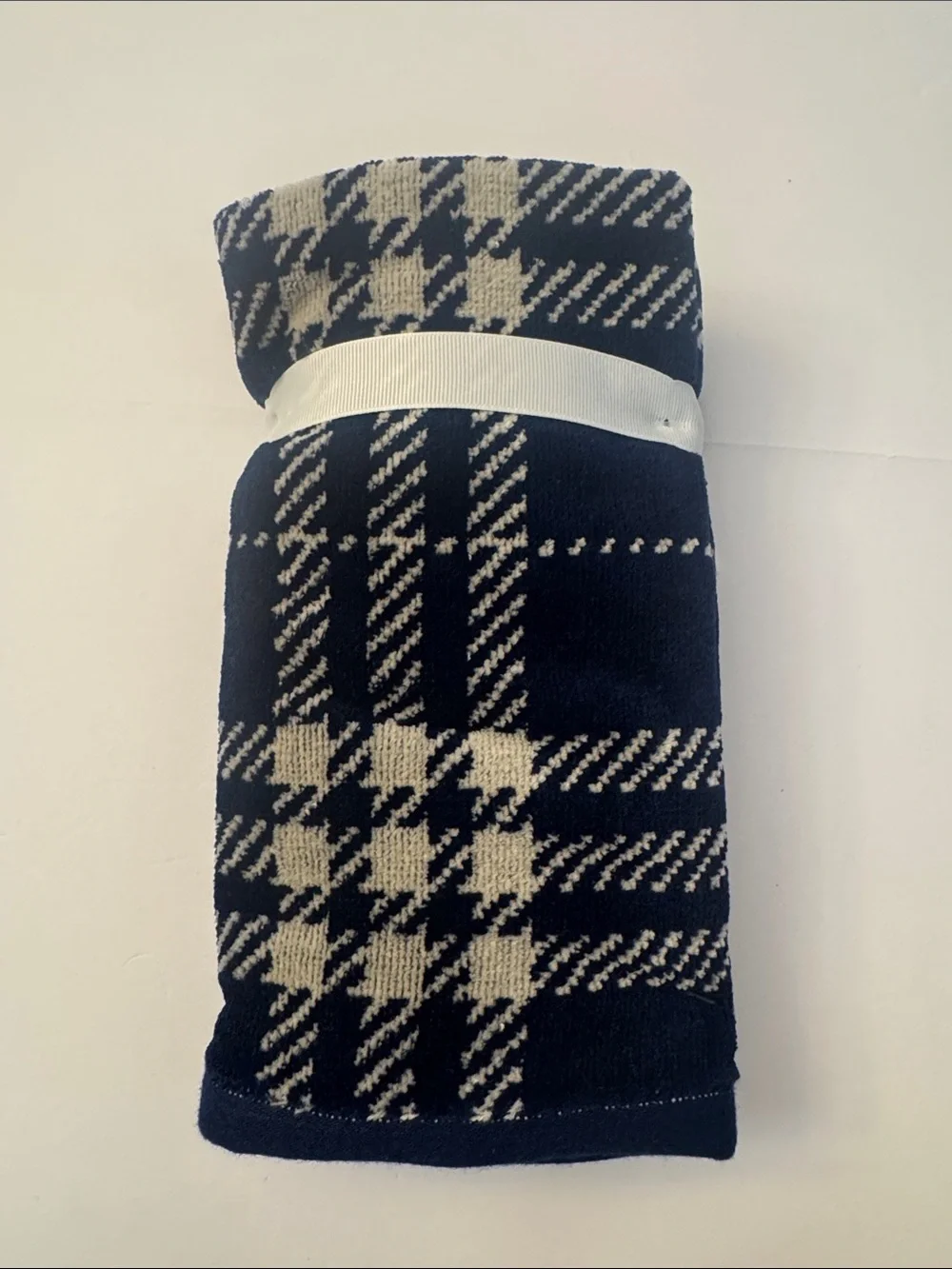 6pc BROOKS BROTHERS 100% Cotton Velour Plaid Bath Towel Set - Blue/Off White